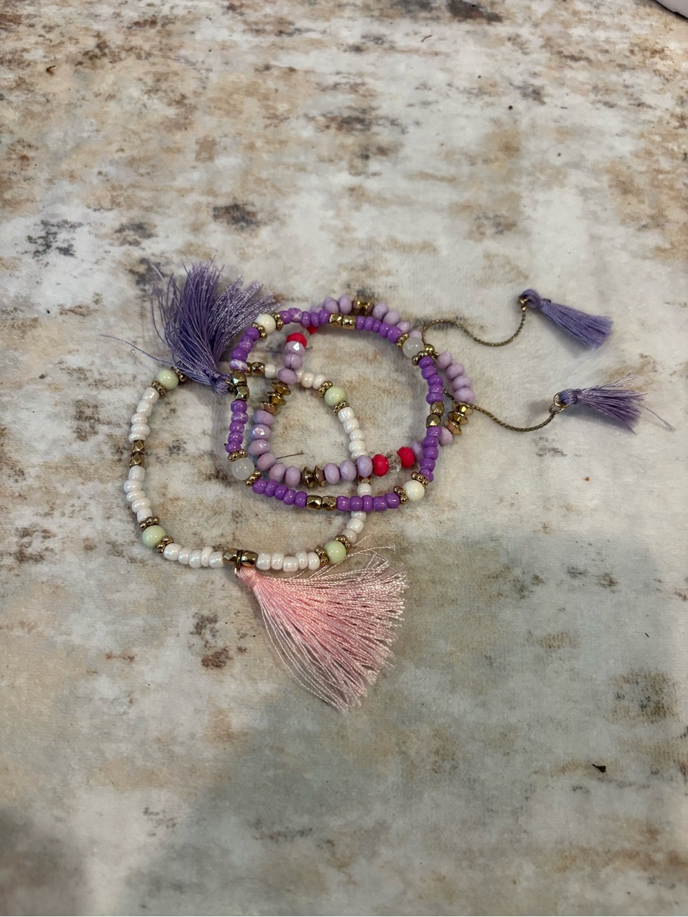 Boho Beaded Tassel Bracelet Set - Purple & Pink Accent